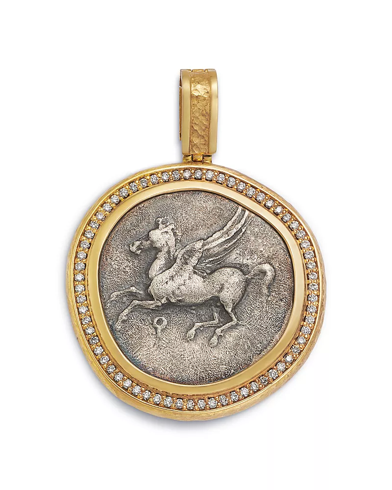 Jorge Adeler 18K Yellow Gold & Silver Gods & Heroes Diamond Authentic Pegasus Coin & Enhancer Pendant, 0.37 tcw
