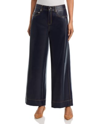 Betsy Faux Leather Mid Rise Wide Leg Jeans in Navy/Amber