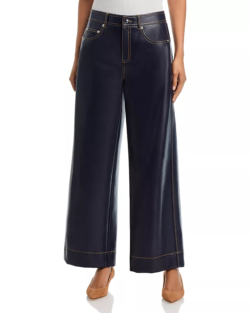 Cinq a Sept Betsy Faux Leather Mid Rise Wide Leg Jeans in Navy/Amber