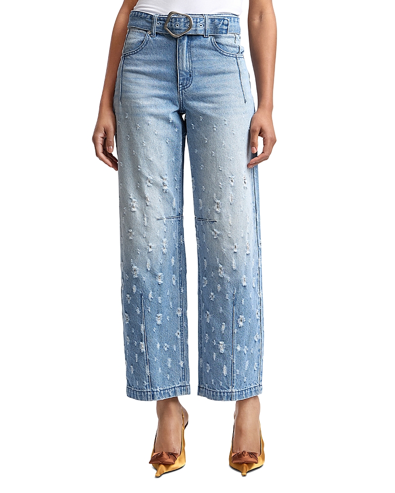 Avec Les Filles Distressed High Rise Wide Leg Belted Jeans in Martin Wash