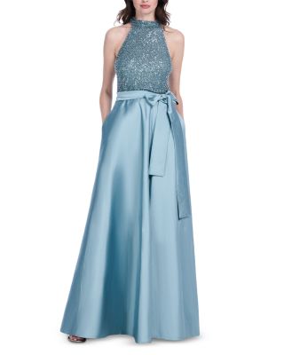 Emily Shalant Glass Beaded Mock Neck Gown