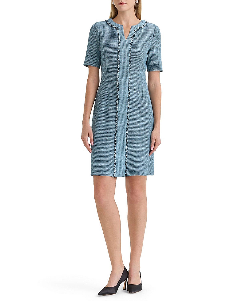 Ming Wang Tweed Knit Fringe Accent Sheath Dress