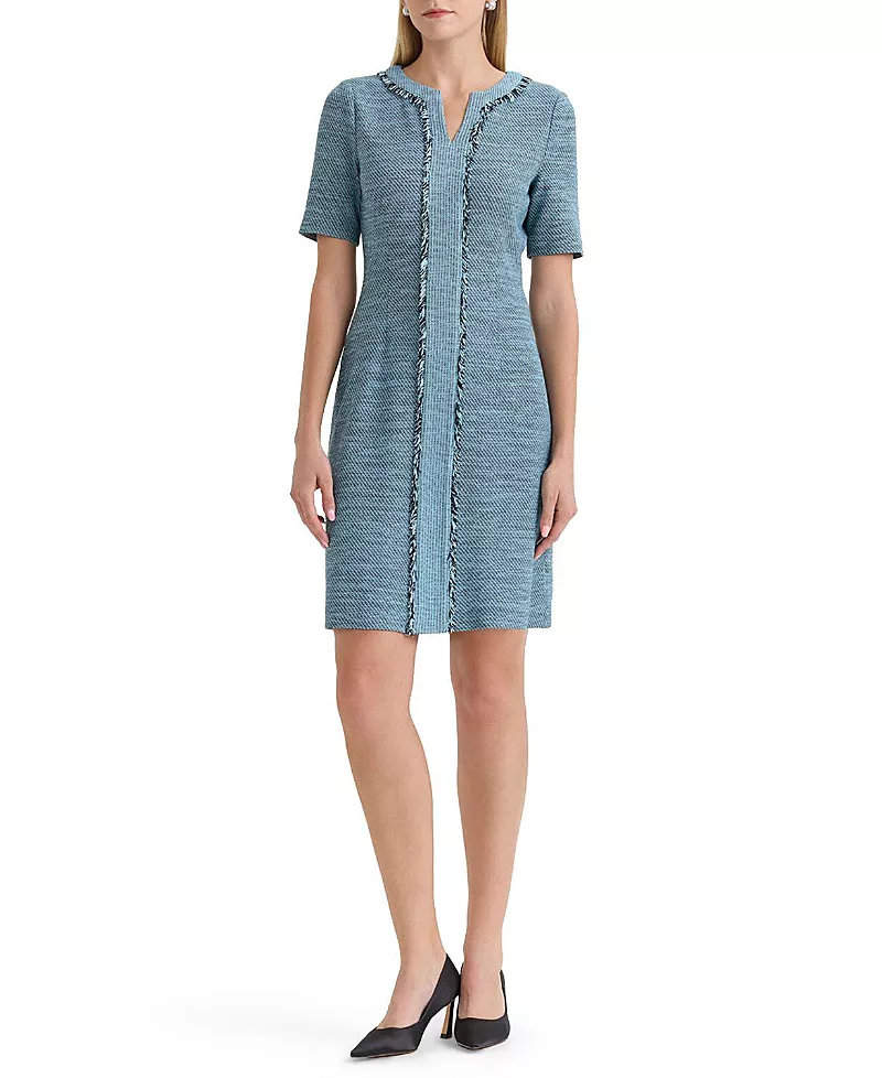 Ming Wang Tweed Knit Fringe Accent Sheath Dress