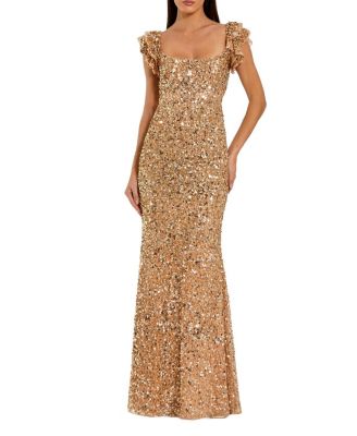  Sequin Mesh Ruffle Sleeve Trumpet Evening Gown