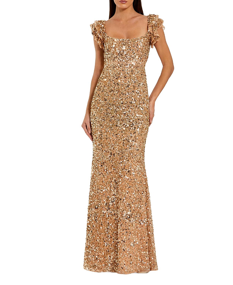 Mac Duggal Sequin Mesh Ruffle Sleeve Trumpet Evening Gown