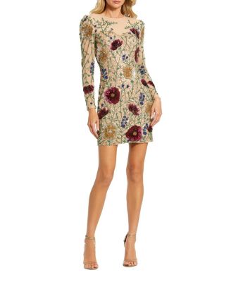  Long Sleeve Sheer Bustier Floral Embroidered Dress