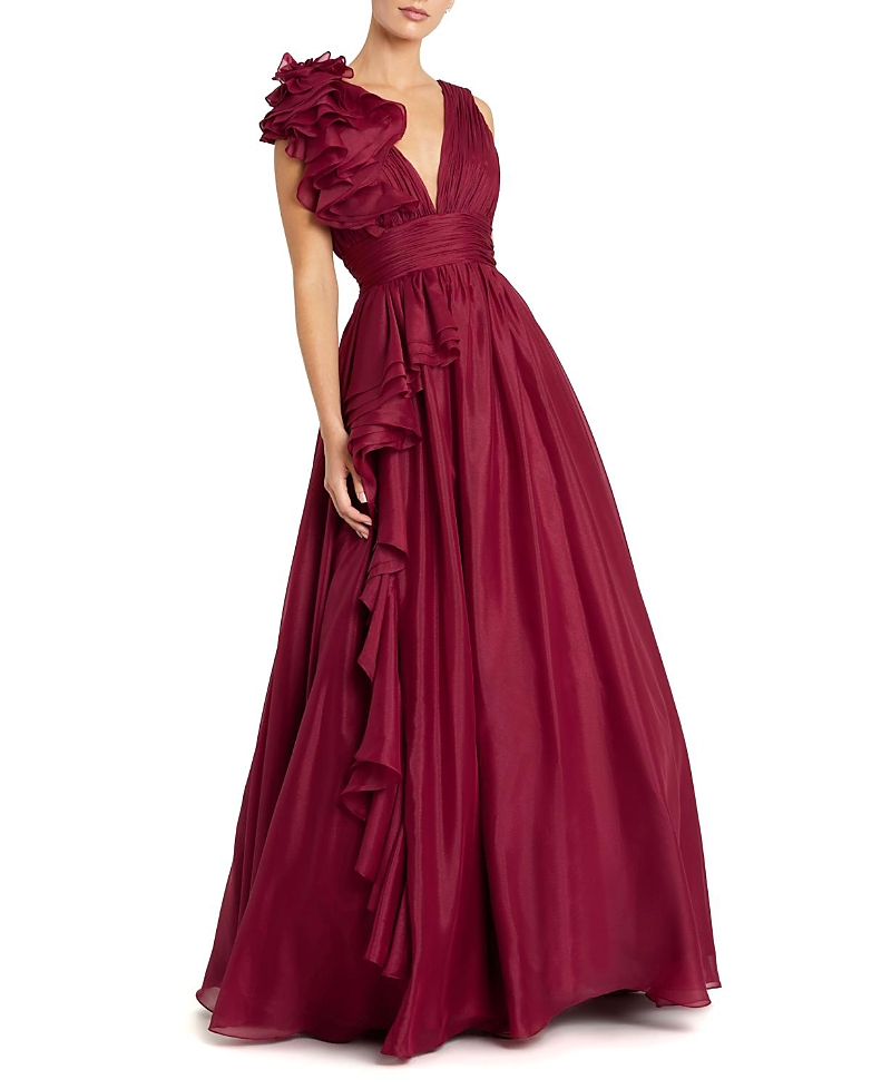 Mac Duggal Petite Ruffle Shoulder V-Neck Chiffon Gown