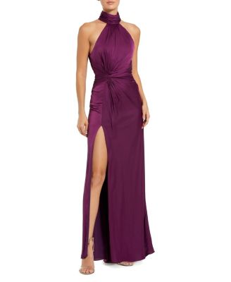 Mac Duggal Petite Open Back High Neck Side Ruched Gown