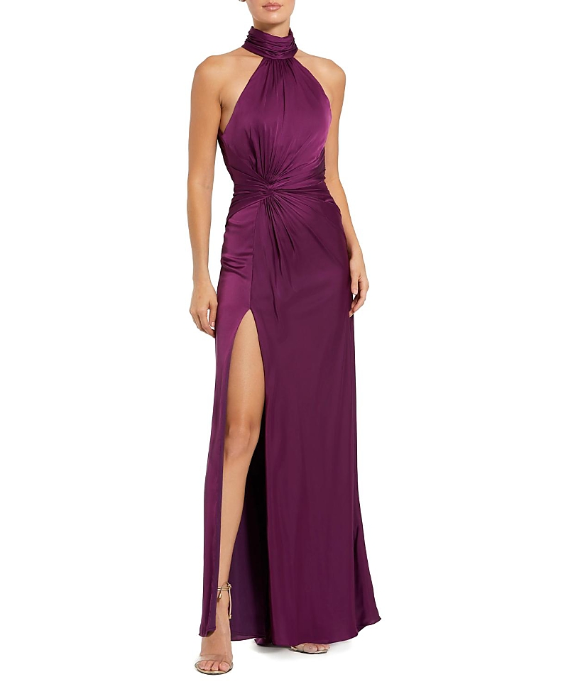 Mac Duggal Petite Open Back High Neck Side Ruched Gown