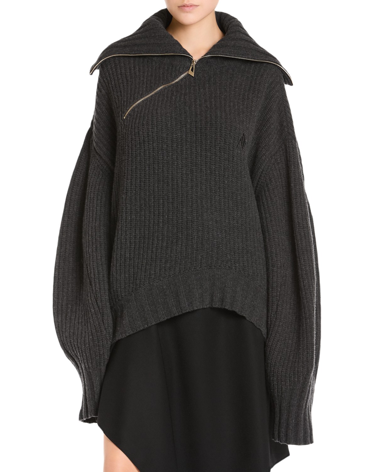The Attico Oversized Asymmetric Zip Wool & Cashmere Sweater in Dark Grey