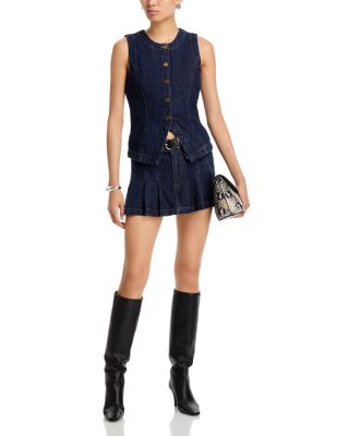 Denim Button Front Vest Top & Pleated Micro Denim Skirt
