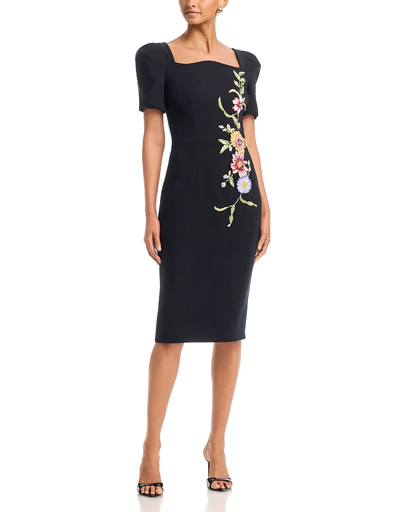 Teri Jon by Rickie Freeman Stretch Crepe Short Puff Sleeve Scalloped Dress