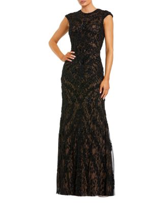 Petite Beaded Lace Mesh High-Neck Sleeveless Column Gown