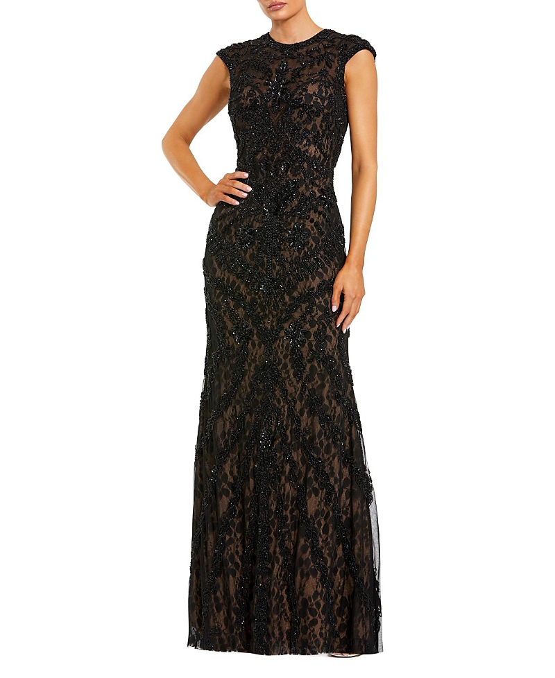 Mac Duggal Petite Beaded Lace Mesh High-Neck Sleeveless Column Gown