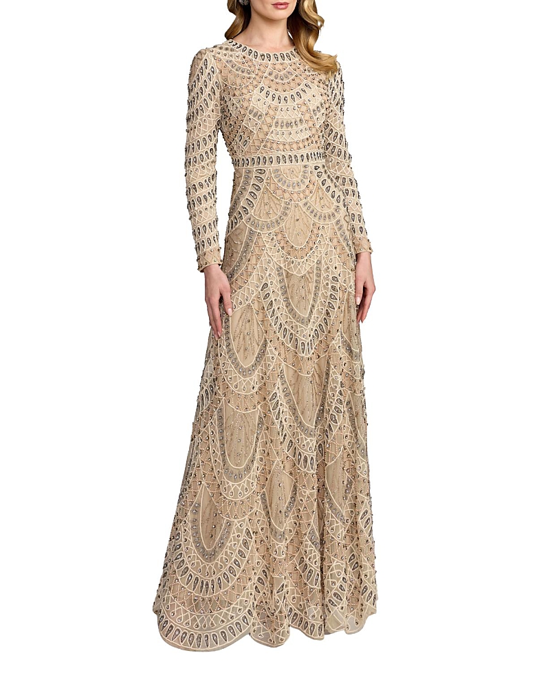 Mac Duggal Long Sleeve Beaded A-line Gown In Beige