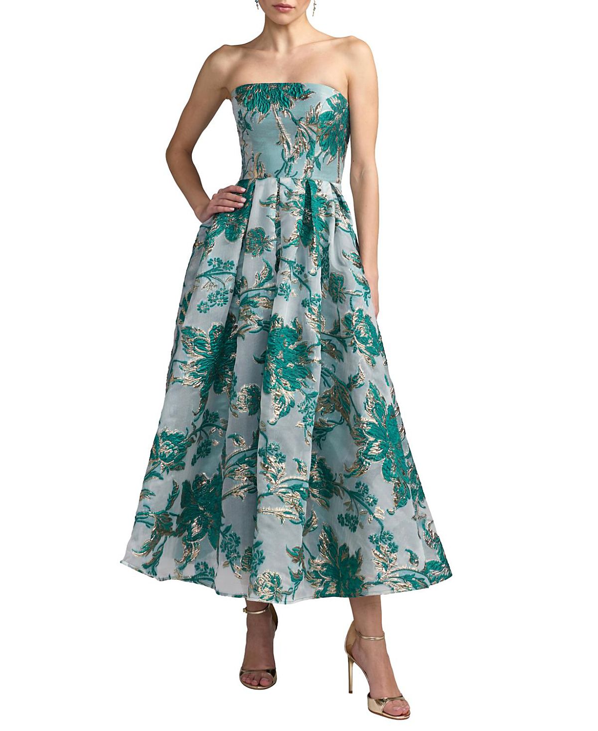 Mac Duggal Petite Gold Strapless Brocade Midi Dress with Pockets