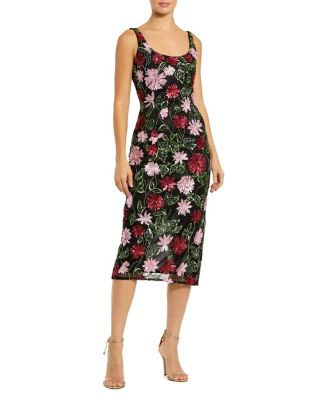 Mac Duggal Floral Beaded Mesh Scoop Neck Fitted Midi Dress
