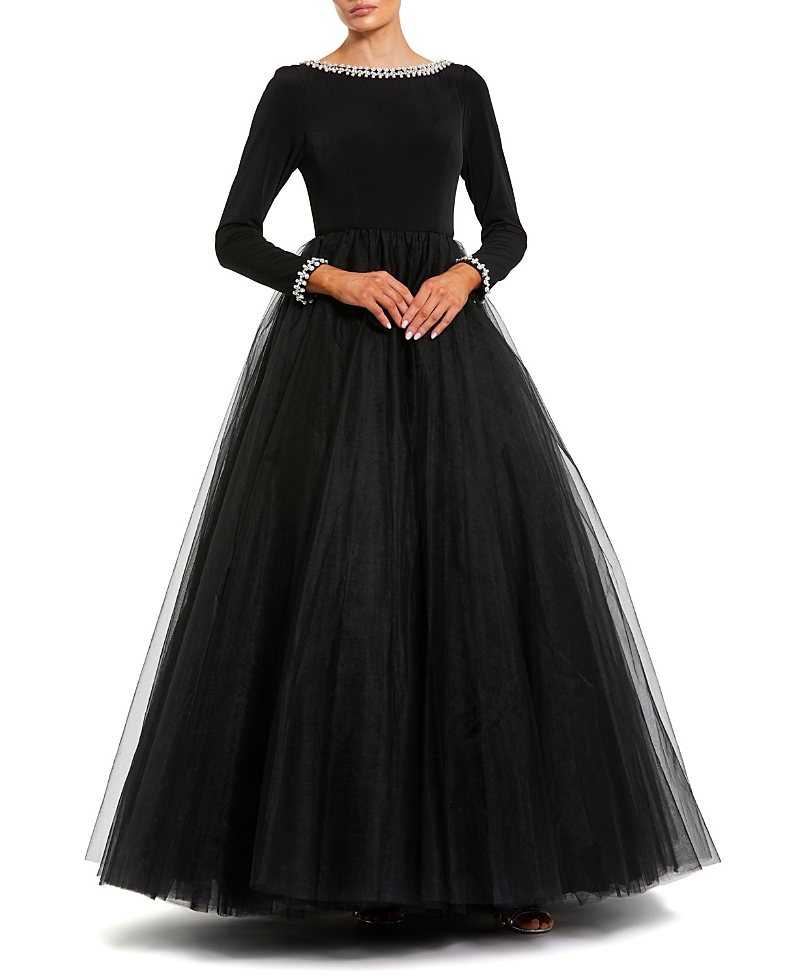 Mac Duggal Petite Embellished Jersey Long Sleeve Ballgown With Tulle Skirt