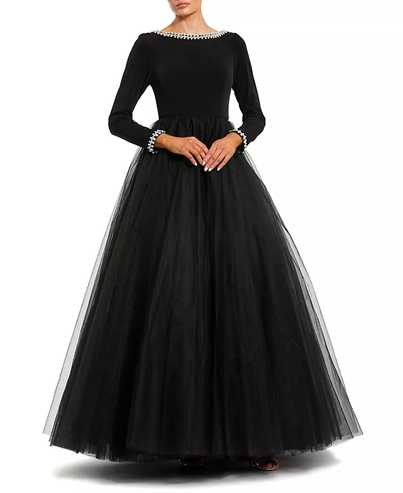 Mac Duggal Petite Embellished Jersey Long Sleeve Ballgown With Tulle Skirt