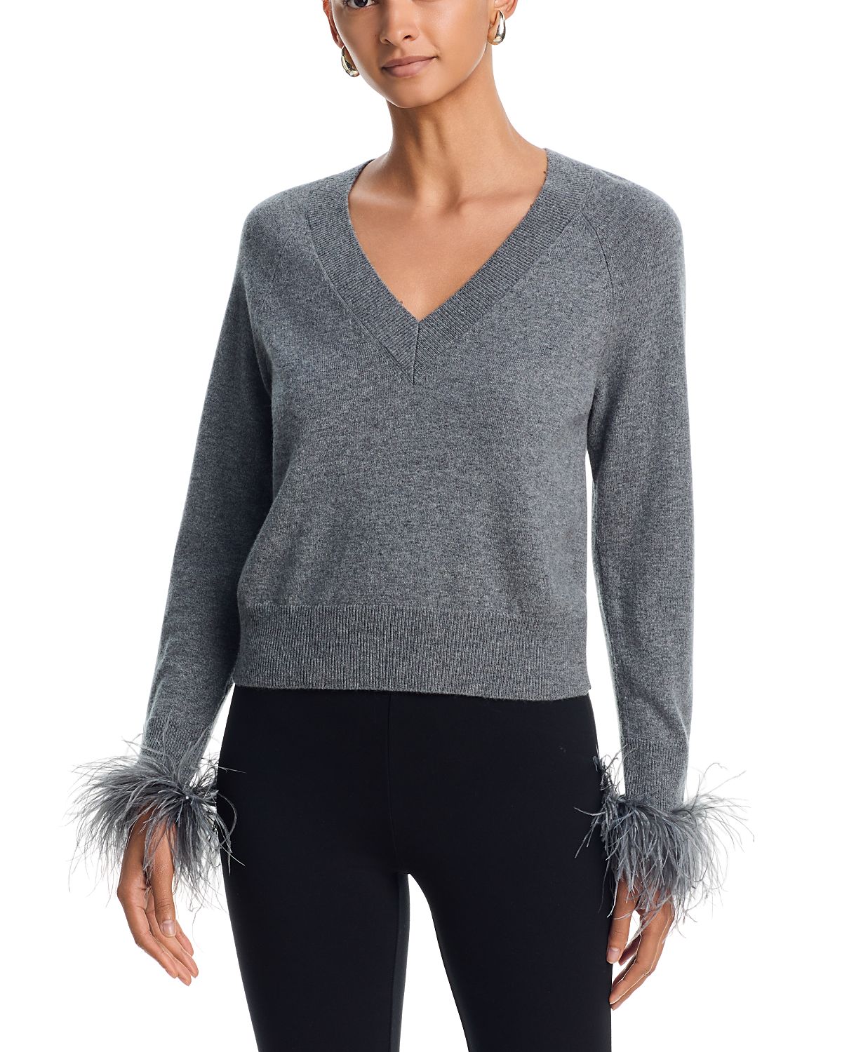 Milly Feather Cuff V Neck Sweater