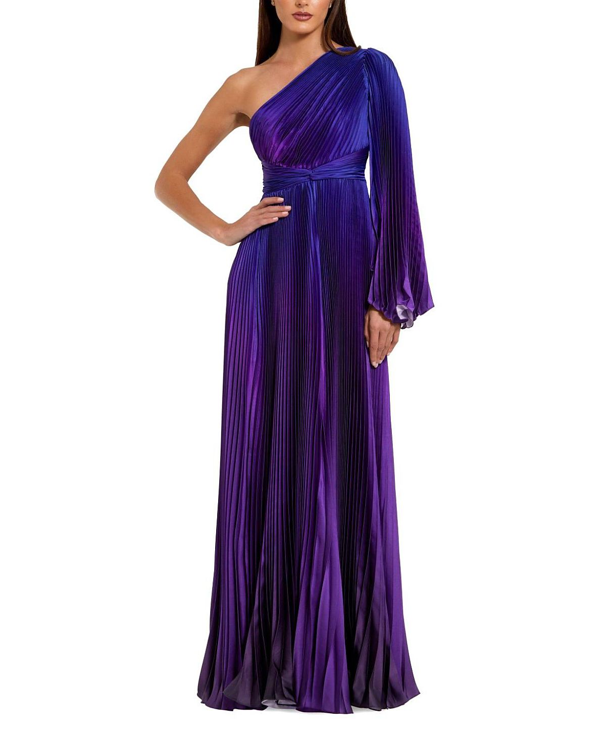 Mac Duggal Petite Pleated Charmeuse One-Shoulder Ombre Gown with Flared Sleeve