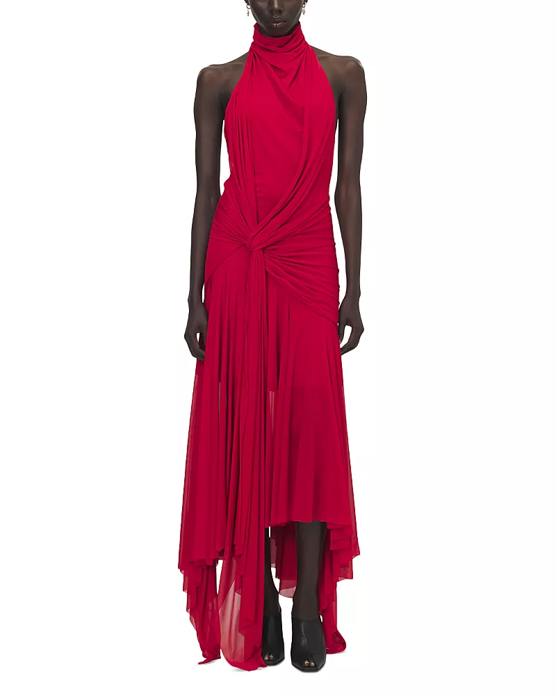 McQueen Asymmetric Drape Halter Jersey Dress