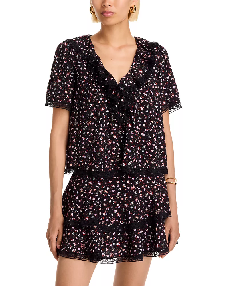 Aqua Ditsy Floral Lace Short Sleeve Top - Exclusive