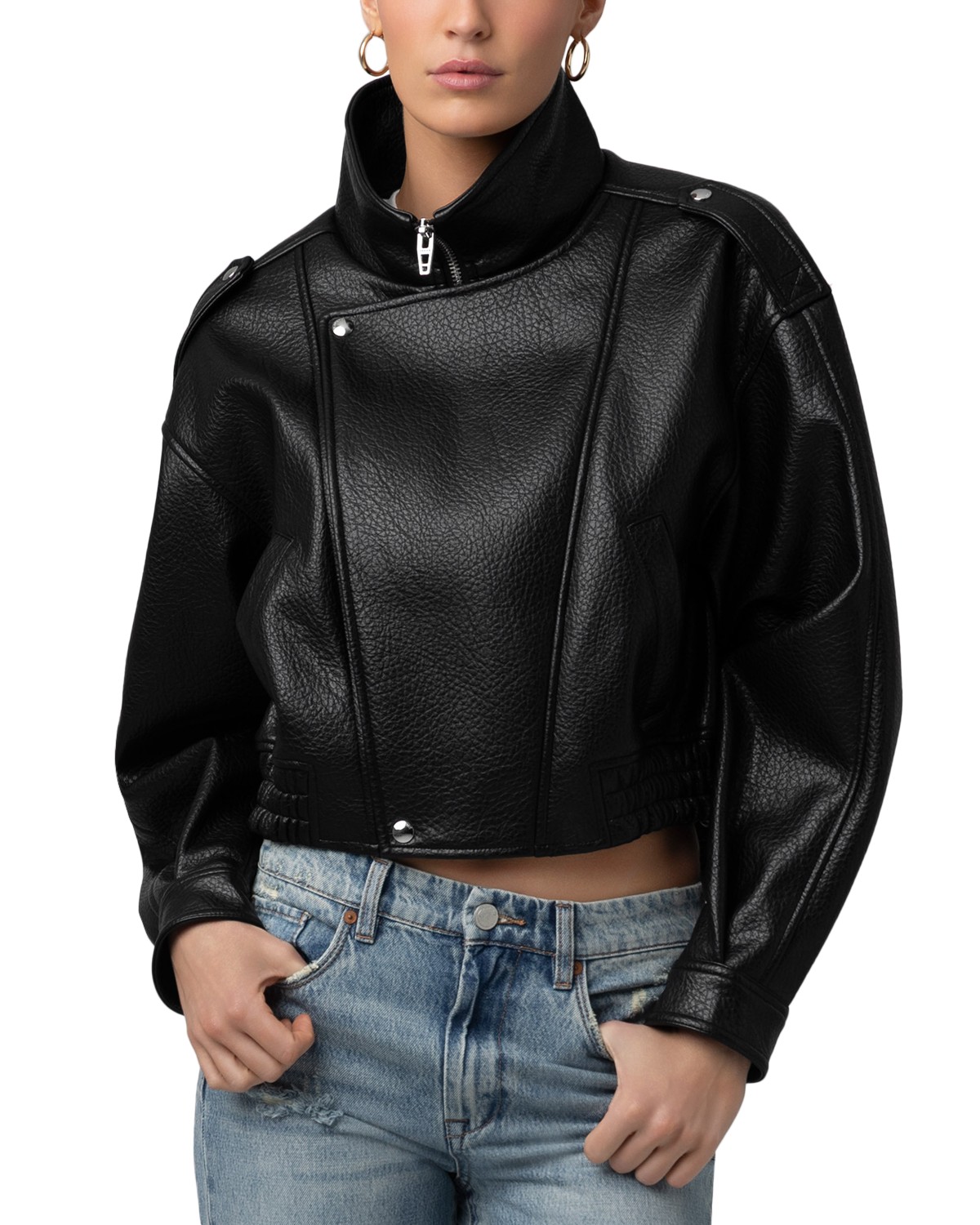 Faux Leather Funnel Collar Bomber Jacket