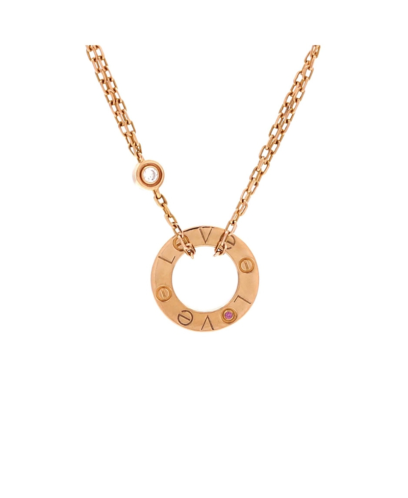 Pre-Owned Cartier 2 Diamonds Love Pendant Necklace 18K Rose Gold with Pink Sapphire and Diamond, 16.5