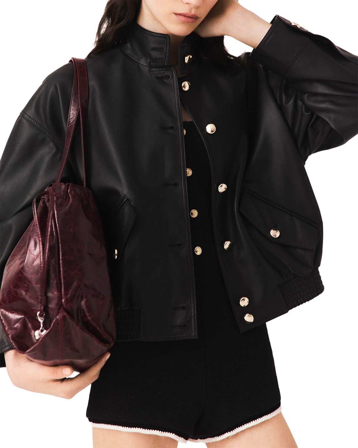 Leather Funnel Neck Jacket