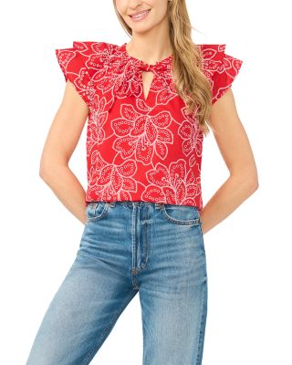 Eyelet Flutter Sleeve Tie Neck Top