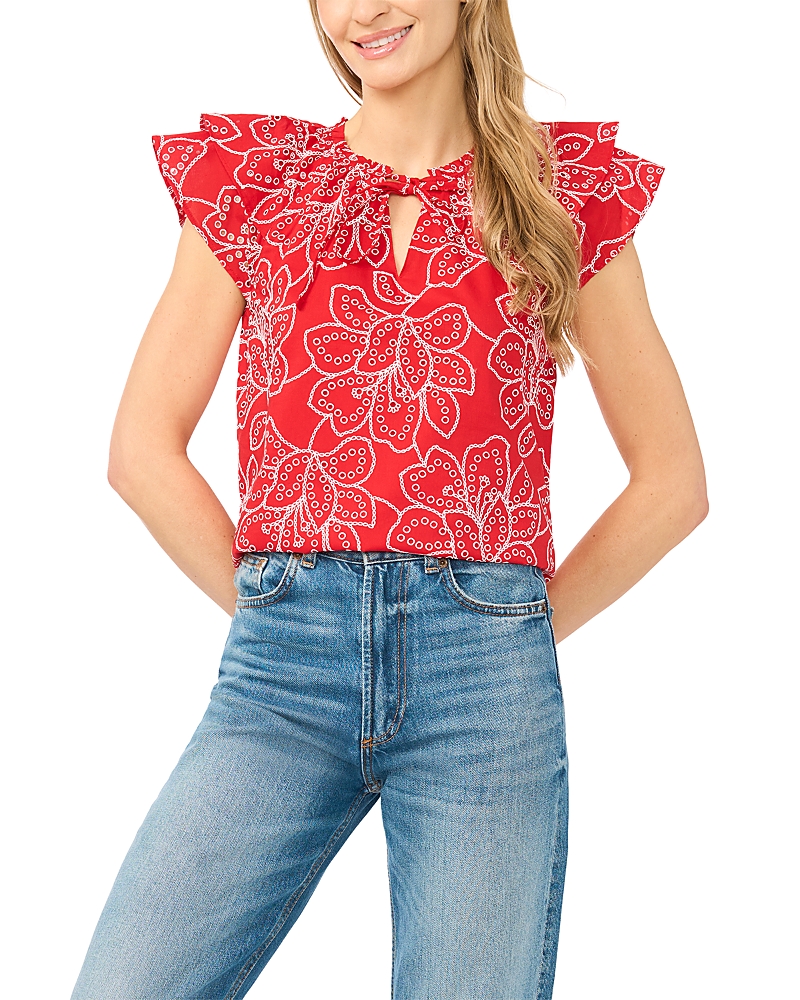 CeCe Eyelet Flutter Sleeve Tie Neck Top
