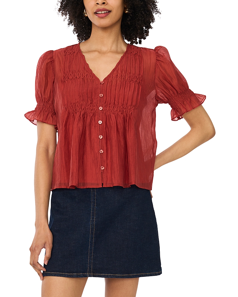 Vince Camuto Pintuck Puff Sleeve V Neck Top