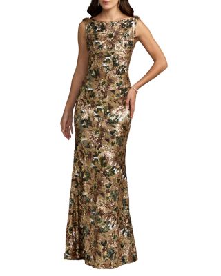  Floral Sequin Cowl Back Mermaid Gown