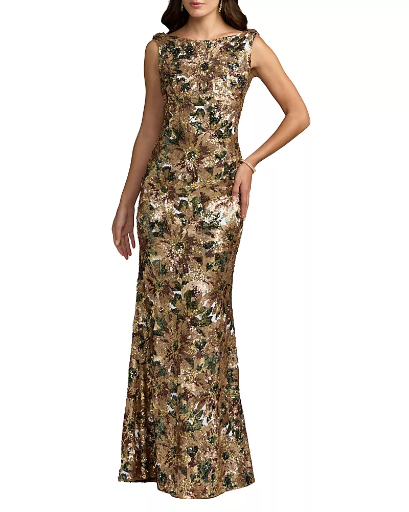 Mac Duggal Floral Sequin Cowl Back Mermaid Gown