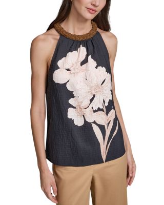 Embellished Neck Floral Print Top