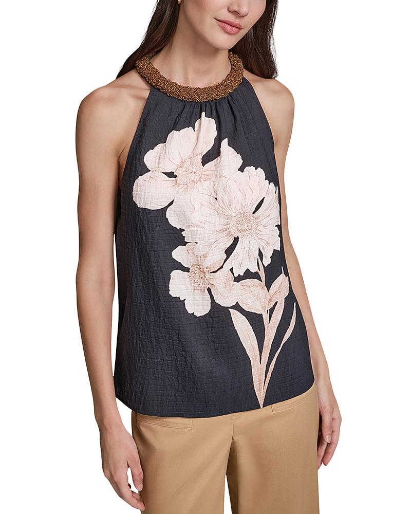 Karl Lagerfeld Paris Embellished Neck Floral Print Top