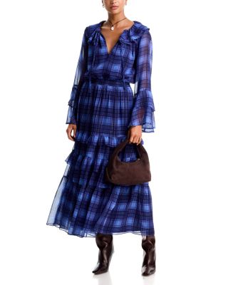 Plaid Ruffled Tie Neck Blouse & Tiered Maxi Skirt – Exclusive
