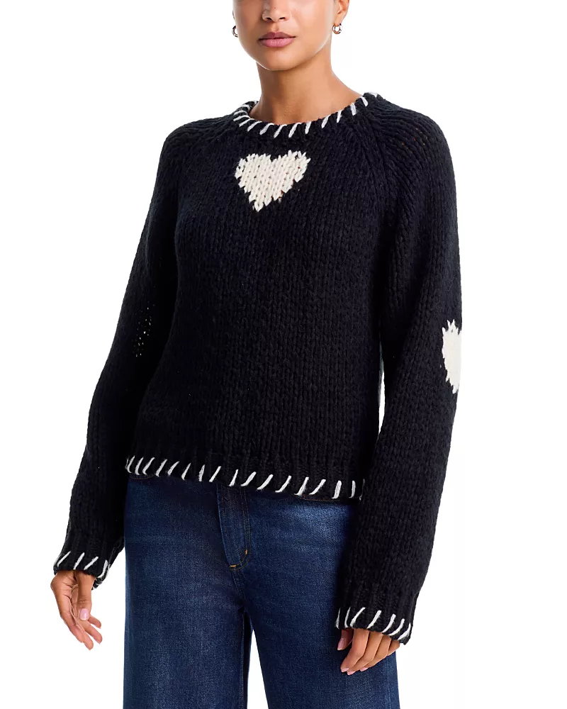Aqua Whipstitched Heart Trim Crewneck Sweater - Exclusive