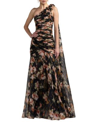  One Shoulder Floral Printed Chiffon Gown