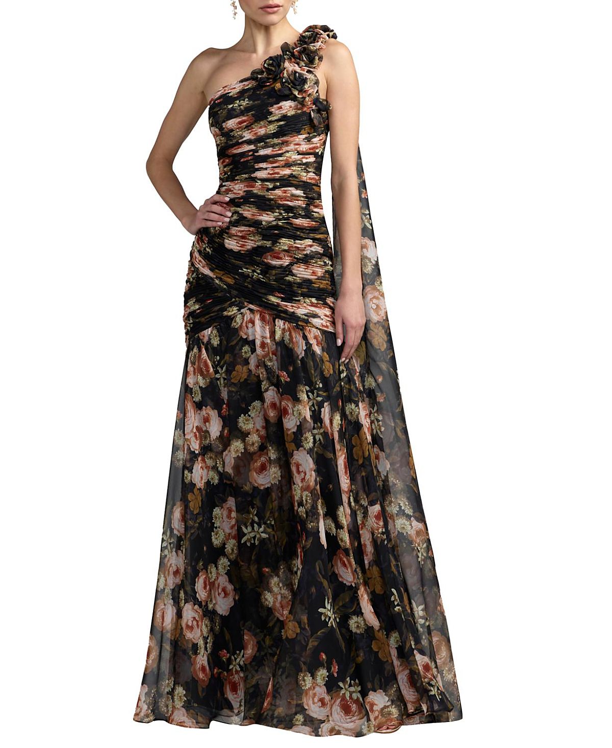 Mac Duggal One Shoulder Floral Printed Chiffon Gown