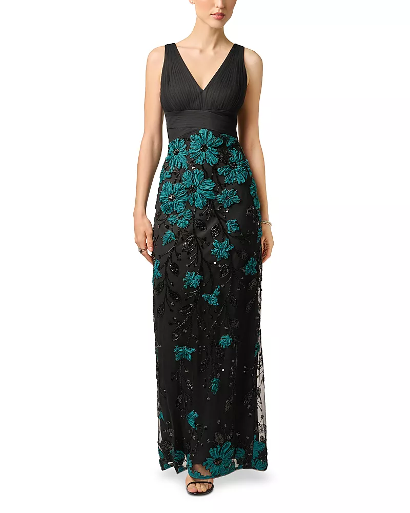Aidan Mattox 3D Embroidered Pleated Bodice Dress
