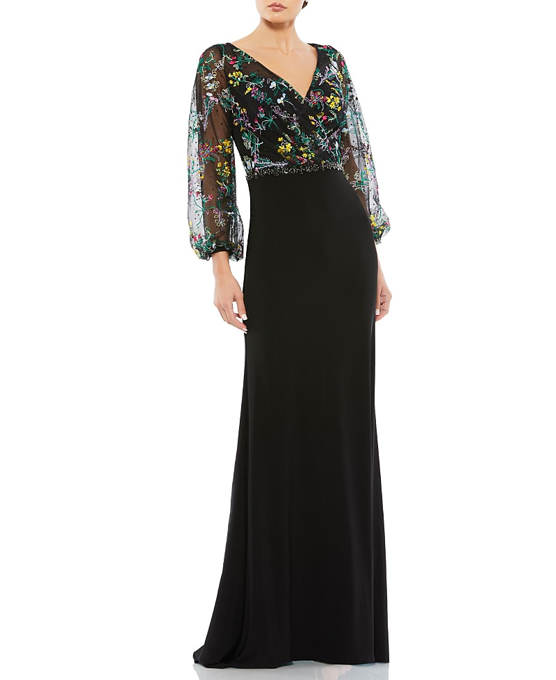 Mac Duggal Embroidered Illusion Puff Sleeve Column Gown In Black Multi