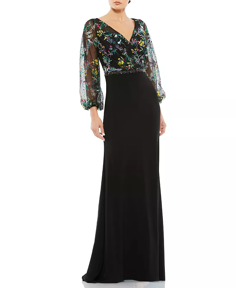 Mac Duggal Embroidered Illusion Puff Sleeve Column Gown