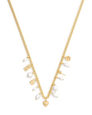 Iconic Imitation Pearl Signature Charm Bib Necklace, 16"