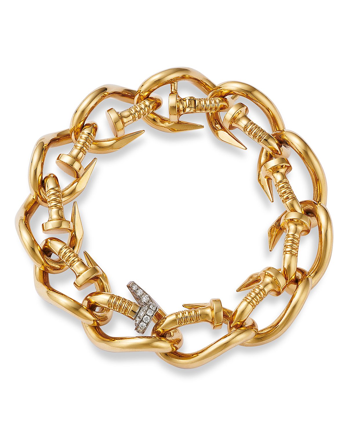 David Web Platinum & 18K Yellow Gold Tool Chest Diamond Hammered Bent Nail Bracelet