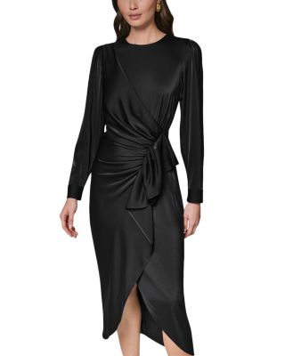 Satin Side-Ruched Cascade Ruffle Midi Dress - thumbnail 5
