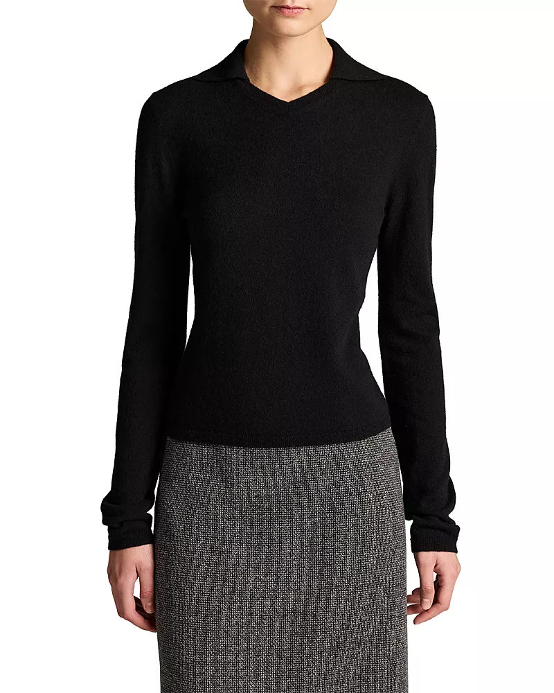 Vince High V Neck Polo Long Sleeve Top