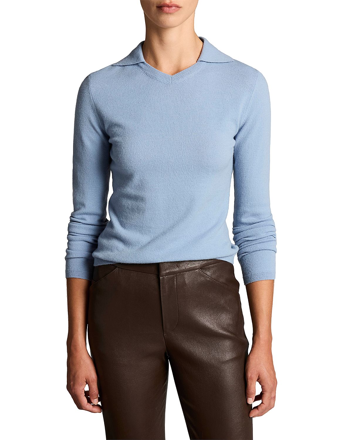 Vince High V Neck Polo Long Sleeve Top