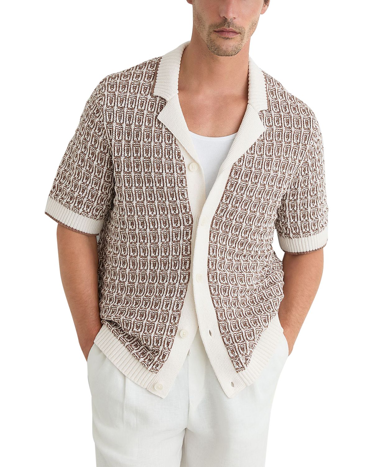 Reiss Penn Button Through Geometric Crochet Short Sleeve Cuban Shirt